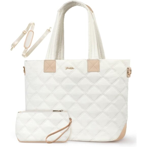 Prite Handbags - Prite Women Beige Polyester Compartment Quilted Puffer Shoulder Tote Work Bag